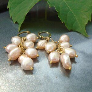 Peach Puff Pearl Dangle earrings, Lucky 7 freshwater potato pearls on huggie